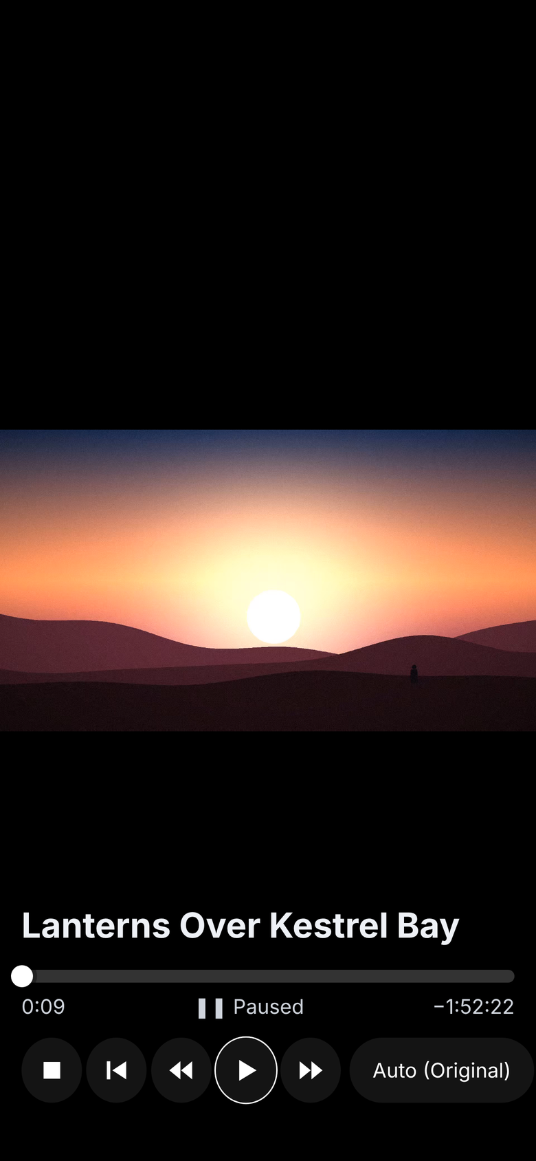 The PrisFlex App on a phone: the video player paused on a sunset, with the progress bar and playback controls.