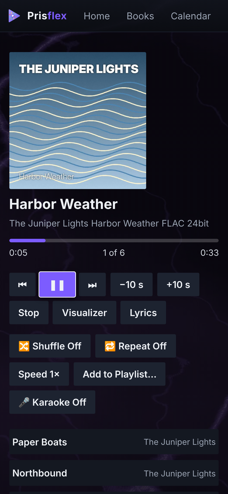 The PrisFlex App on a phone: Music, Now Playing, with play controls, Visualizer, Lyrics, Shuffle, Repeat, Karaoke and the track list.