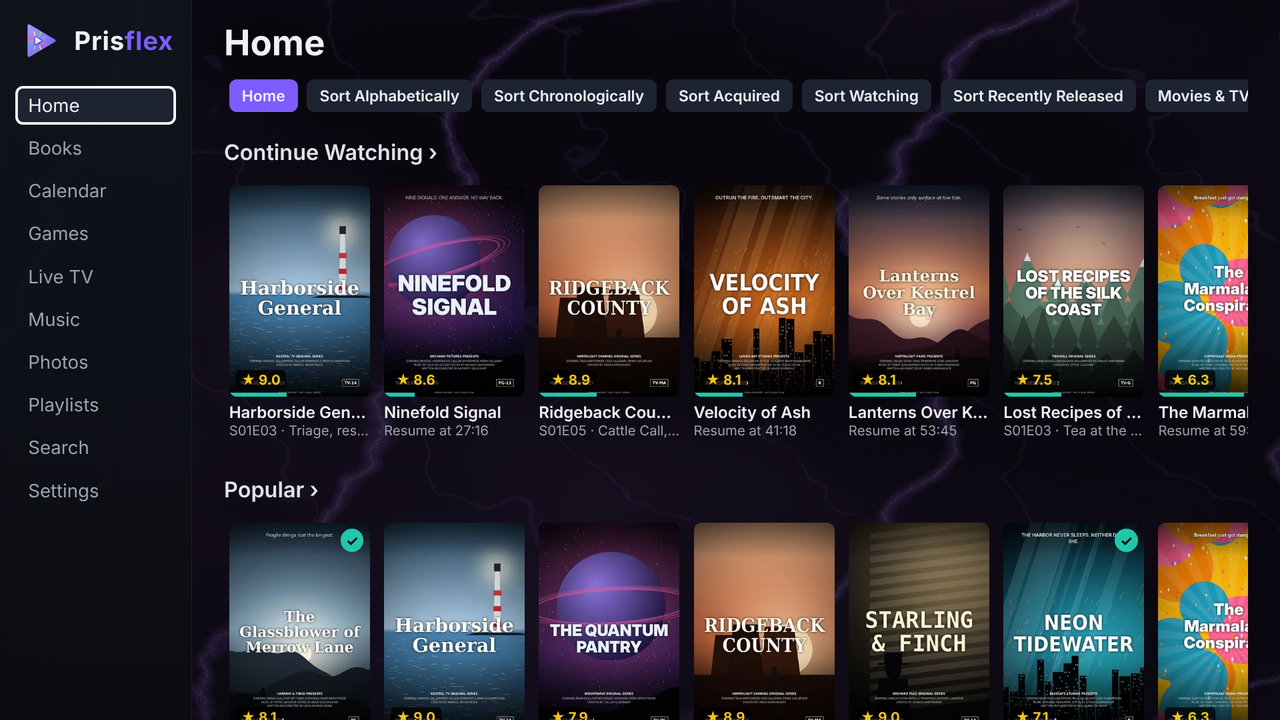 The Prisflex App on a TV: Home, with a Continue Watching row and a Popular row of mock-up posters, and the menu for Books, Calendar, Games, Live TV, Music, Photos, Playlists and Search.