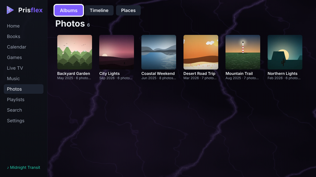 The PrisFlex App on a TV: Photos, with Albums, Timeline and Places tabs and six albums made from photo folders.