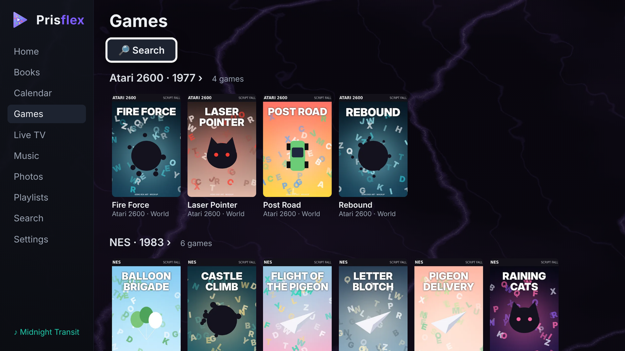 The PrisFlex App on a TV: Games, with Script Fall games grouped by console, Atari 2600 and NES, each with its box art.
