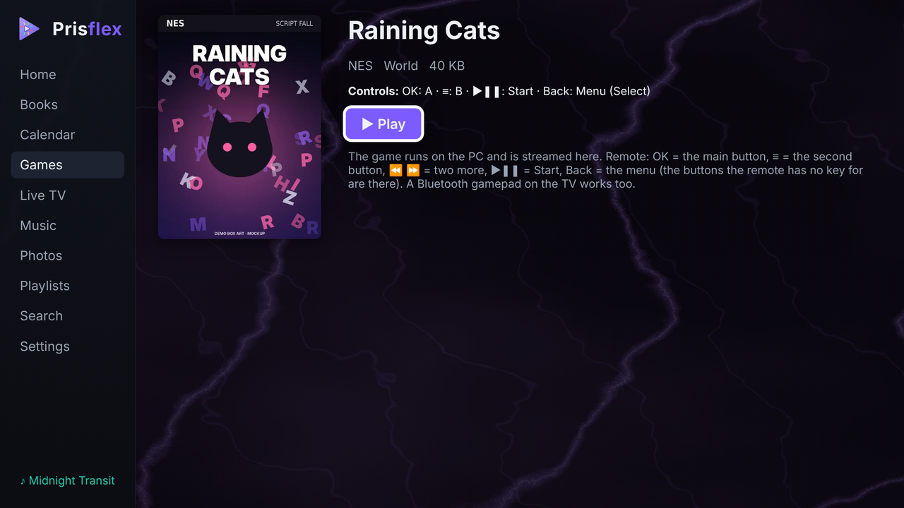 The PrisFlex App on a TV: the page of the Script Fall game Raining Cats for the NES, with its controls on the remote and a Play button.