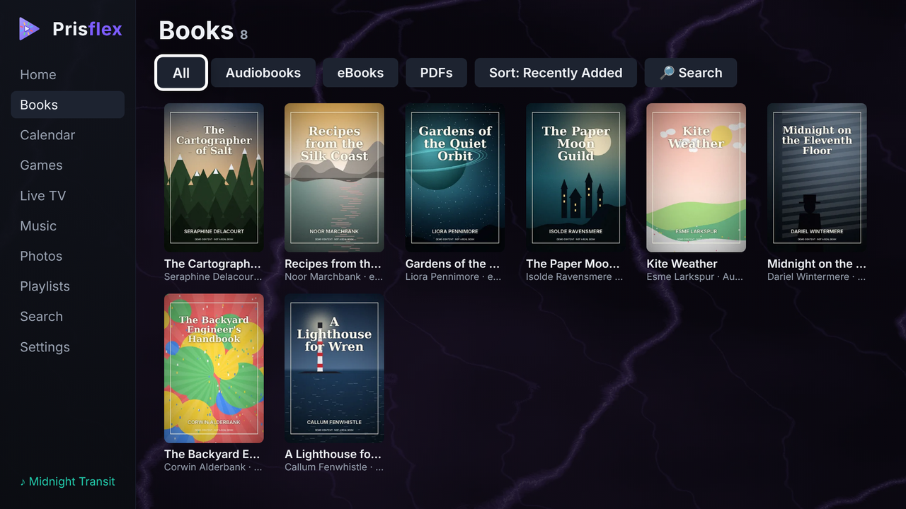 The PrisFlex App on a TV: Books, with All, Audiobooks, eBooks and PDFs filters and eight mock-up book covers.