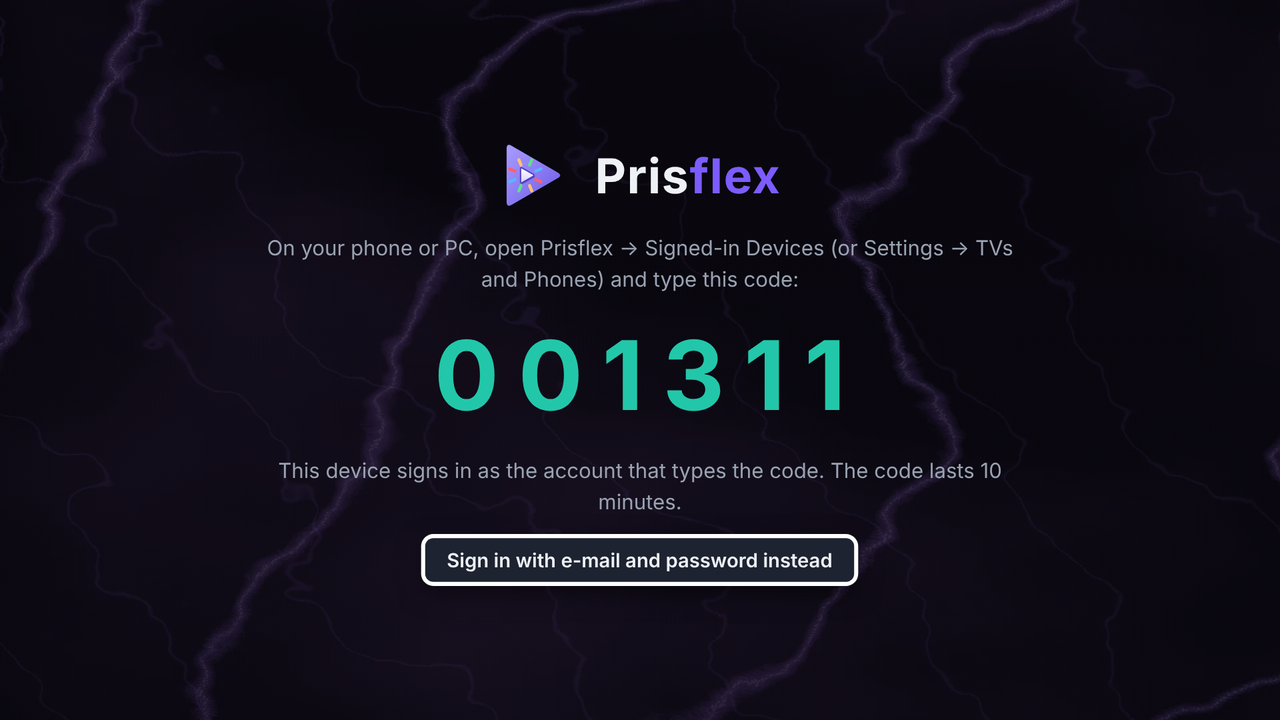 The PrisFlex App on a TV, signed out: a six-digit code to type on your phone or PC, and a button to sign in with e-mail and password instead.