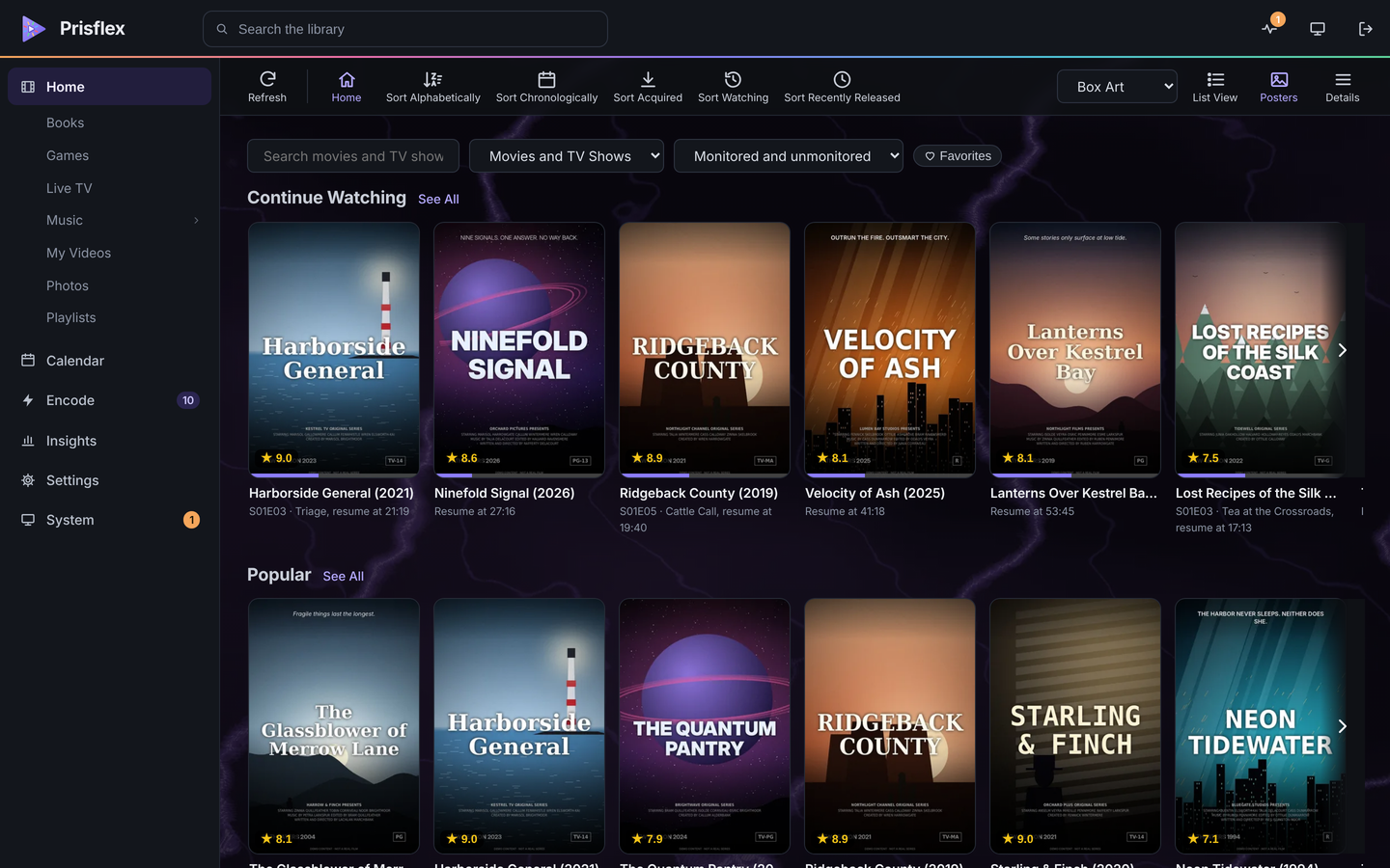 PrisFlex Server in a web browser: Home, with Continue Watching and Popular rows of mock-up posters and the library menu.