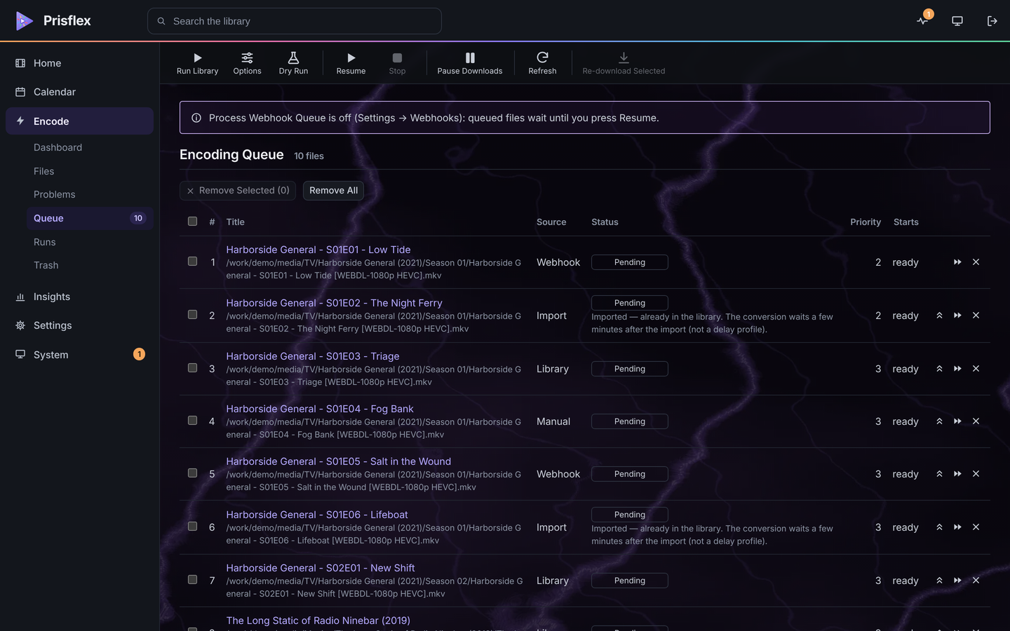 PrisFlex Server in a web browser: Encode, Queue, with ten episodes waiting for the encoder and where each one came from.