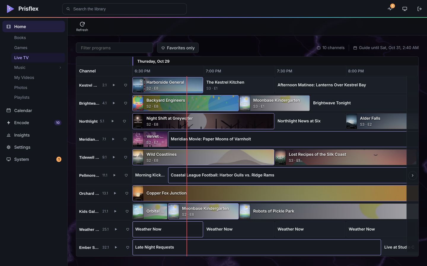 PrisFlex Server in a web browser: the Live TV guide with ten invented channels, programme artwork and a red line at the current time.